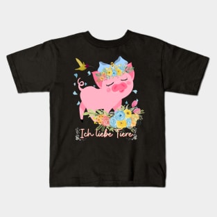 Schwein Vogel Liebe Tiere Prinzessin Blumen Süß Kids T-Shirt